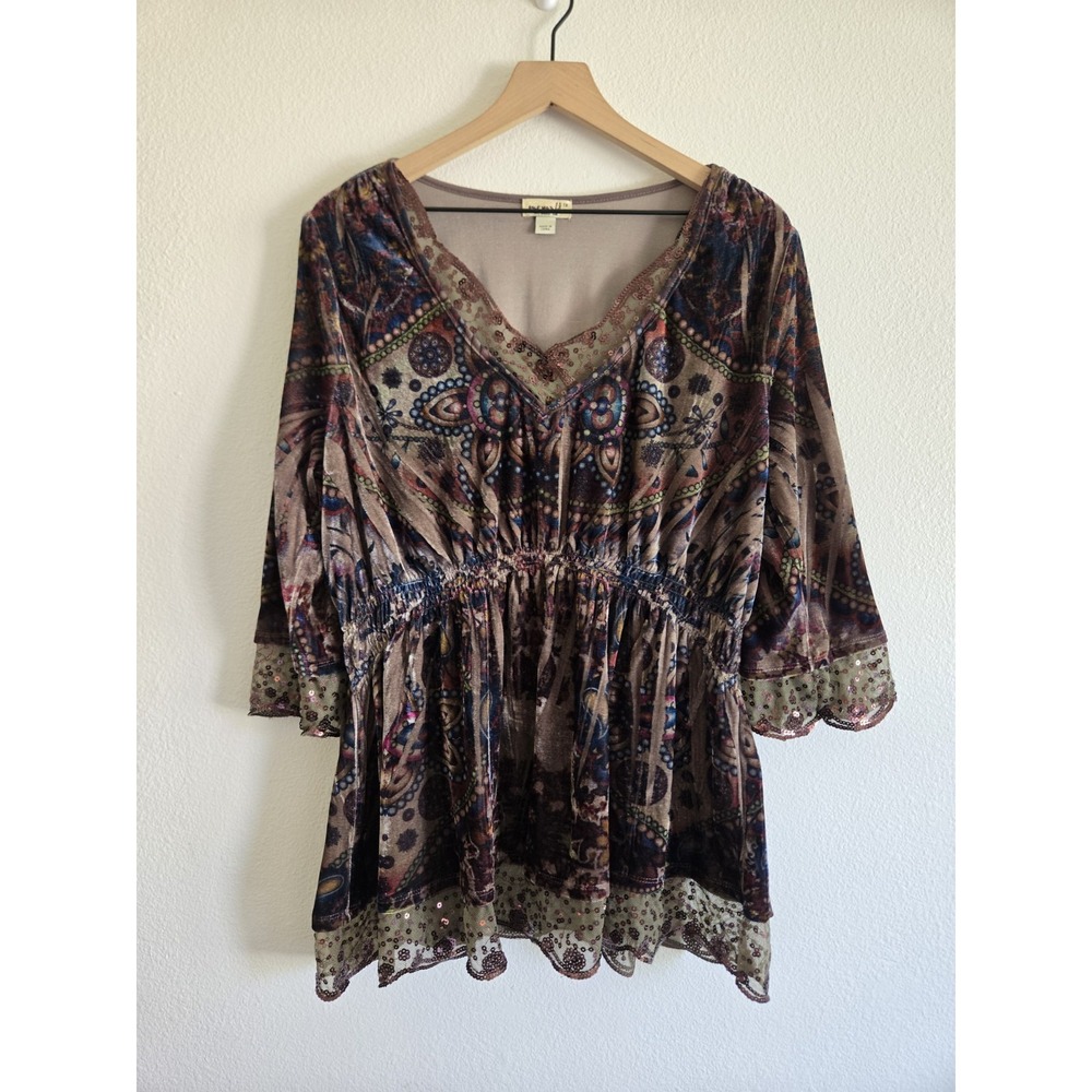 ONE WORLD Velvet Top Whimsigoth Fairy Grunge Brown Boho Witchy 1X Lace Sequins